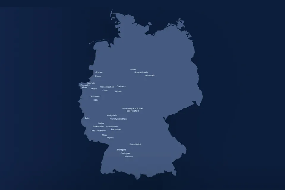 Deutschlandkarte mit mehreren Städtenamen als Standorte markiert